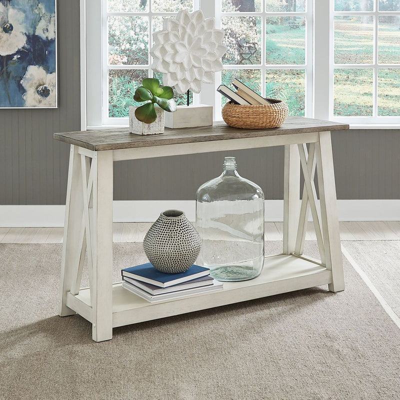 Liberty Furniture Laurel Bluff Sofa Table in Antique White with Dusty Gray Top