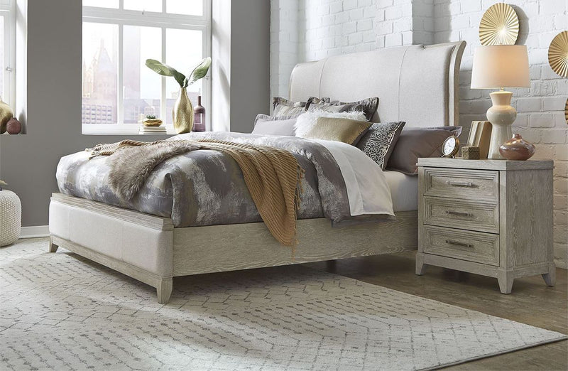 Liberty Furniture Belmar Cal King Upholstered Sleigh Bed in Washed Taupe and Silver Champagne 902-BR-KUB