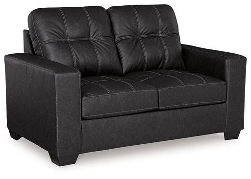Ashley Furniture Barlin Mills loveseat with plush fabric and cushioned armrests, designed for comfortable seating in living rooms.