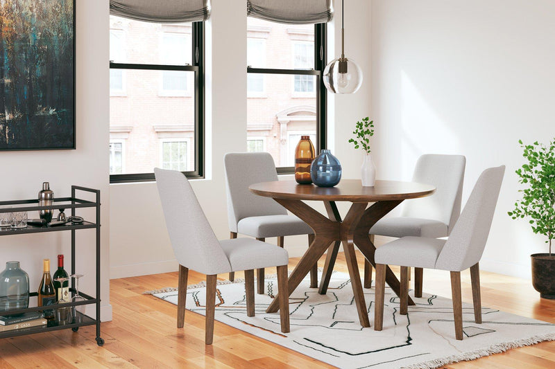Ashley Furniture Lyncott dining room set with a wooden table and six upholstered chairs in a modern dining space.