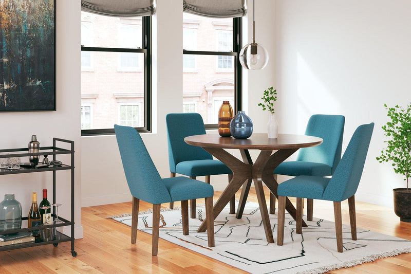 Ashley Furniture Lyncott dining room set with a wooden table and matching chairs in a modern dining space.