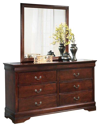 Alisdair dresser with mirror by Ashley Furniture showing a wooden dresser with a matching mirror in a modern bedroom setting.
