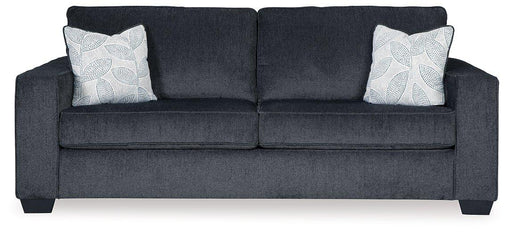 Gray Ashley Furniture Altari sofa sleeper with plush cushions and wooden legs, shown in a modern living room setting.
