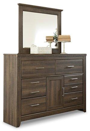 Ashley Juararo dresser with matching mirror, featuring wood finish, multiple drawers, and sleek design for modern bedroom decor.