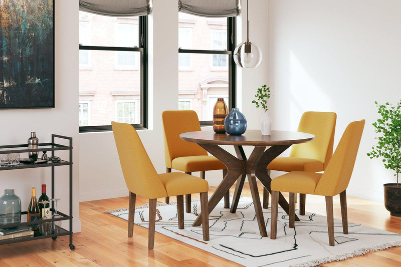 Ashley Furniture Lyncott dining room set with a wooden table and matching chairs in a modern dining space setting.