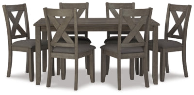 Ashley Furniture Caitbrook dining table with six matching chairs, showcasing a classic wood design and polished finish.