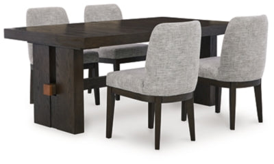 Ashley Furniture Burkhaus dining room set with a table and matching chairs in a modern design, shown in a stylish dining space.