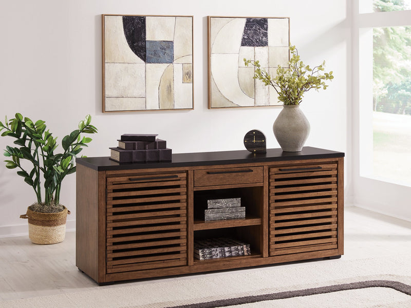 Ashley Furniture Kallari Credenza bookcase with open shelves and closed storage, featuring a modern wood finish.