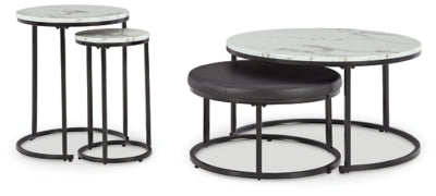 Set of four Ashley Furniture Jusmour nesting tables with smooth wooden surfaces and modern design, stacked together.