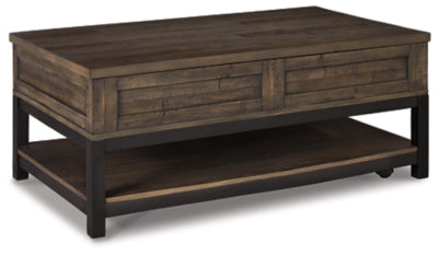 Ashley Furniture Johurst coffee table with lift top, stylish cocktail table showing open lift mechanism and wooden finish.